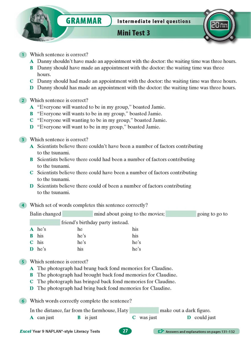 Sample interior page from the Excel NAPLAN-style Literacy Tests Year 9 workbook, as shown in the Pascal Press product gallery
