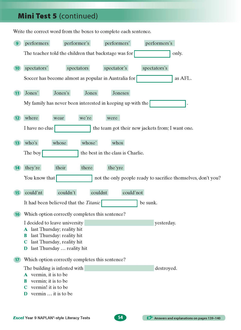 Sample interior page from the Excel NAPLAN-style Literacy Tests Year 9 workbook, as shown in the Pascal Press product gallery