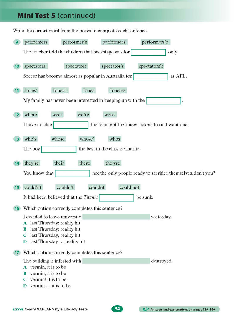 Sample interior page from the Excel NAPLAN-style Literacy Tests Year 9 workbook, as shown in the Pascal Press product gallery