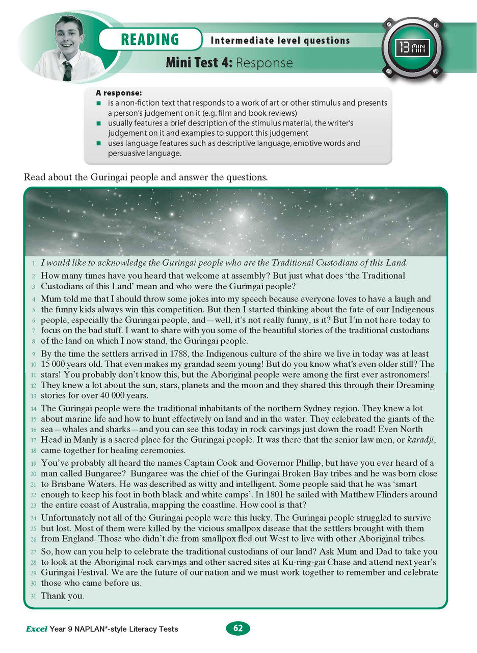 Sample interior page from the Excel NAPLAN-style Literacy Tests Year 9 workbook, as shown in the Pascal Press product gallery
