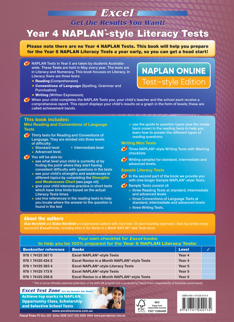 Back cover of the Excel Year 4 NAPLAN-style Literacy Tests workbook as shown at the end of the publisher gallery