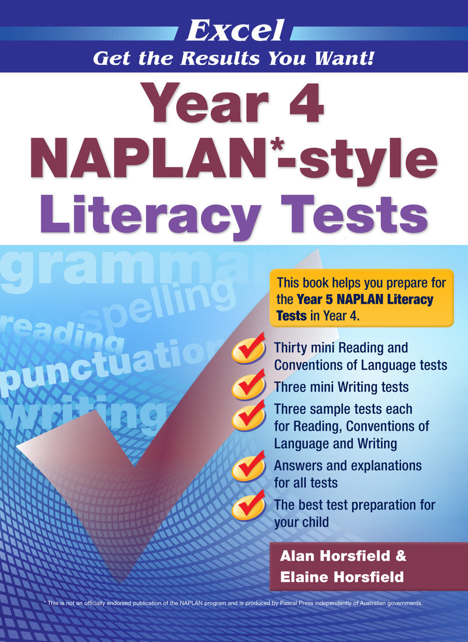 Front cover of the Excel Year 4 NAPLAN-style Literacy Tests workbook from Pascal Press
