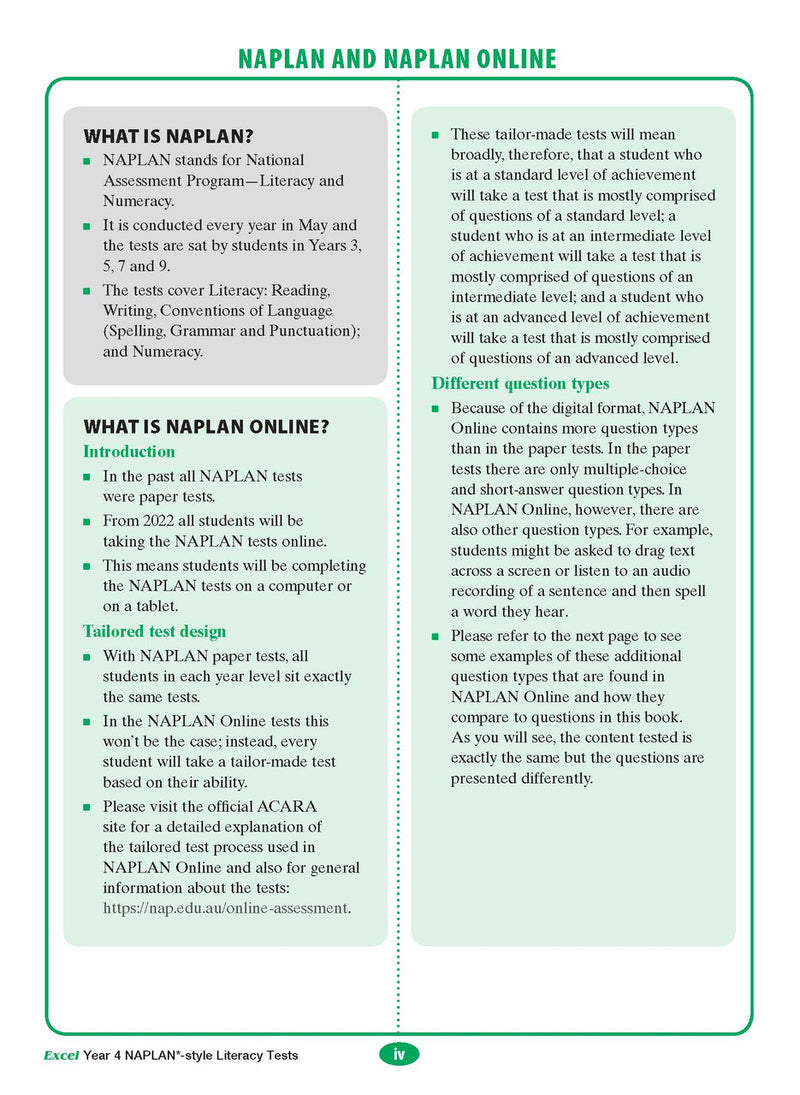 The second sample interior page from the Excel Year 4 NAPLAN-style Literacy Tests workbook as shown in the publisher gallery