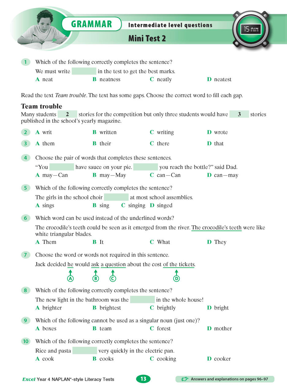 The seventh sample interior page from the Excel Year 4 NAPLAN-style Literacy Tests workbook as shown in the publisher gallery