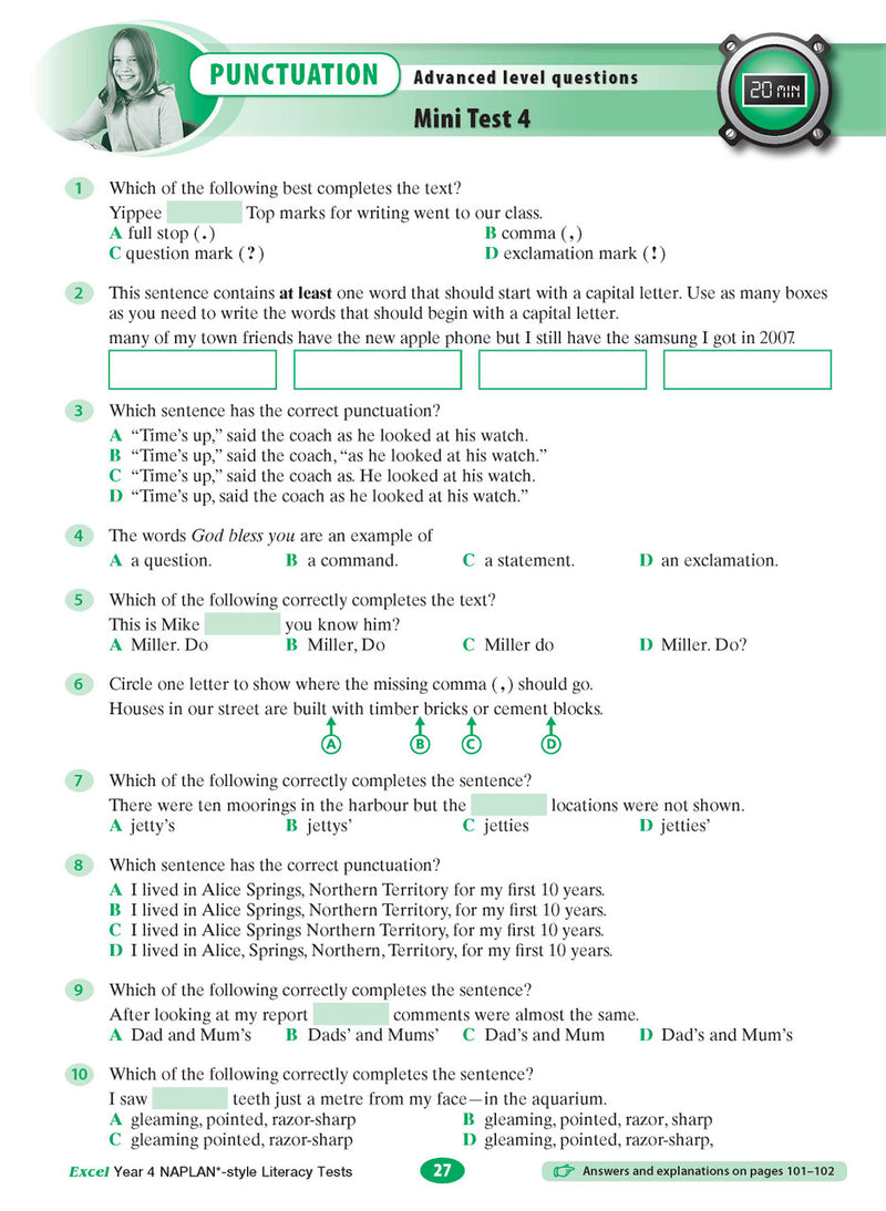 The eighth sample interior page from the Excel Year 4 NAPLAN-style Literacy Tests workbook as shown in the publisher gallery