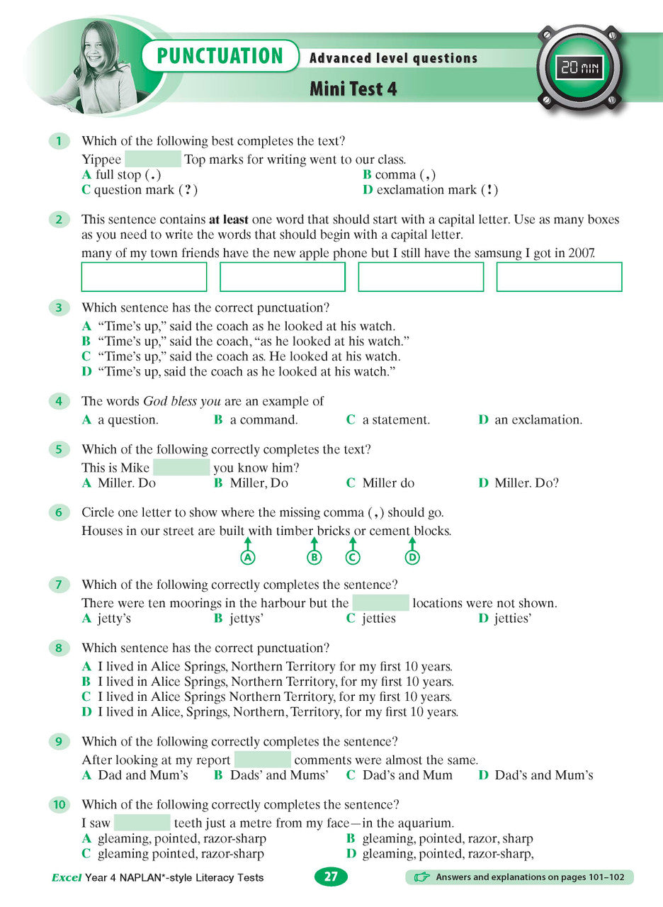 The eighth sample interior page from the Excel Year 4 NAPLAN-style Literacy Tests workbook as shown in the publisher gallery
