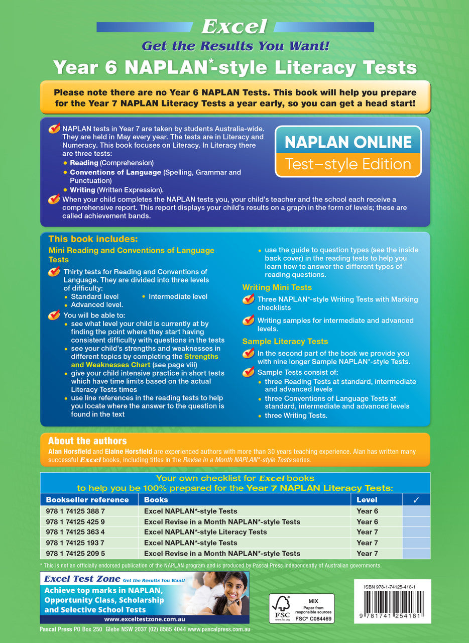 Back cover of the Excel Year 6 NAPLAN-style Literacy Tests workbook as shown at the end of the publisher gallery