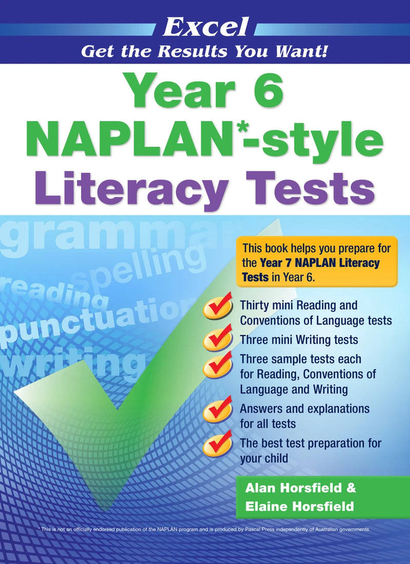 Front cover of the Excel Year 6 NAPLAN-style Literacy Tests workbook from Pascal Press