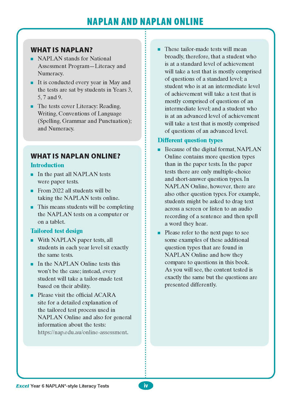 The second sample interior page from the Excel Year 6 NAPLAN-style Literacy Tests workbook as shown in the publisher gallery
