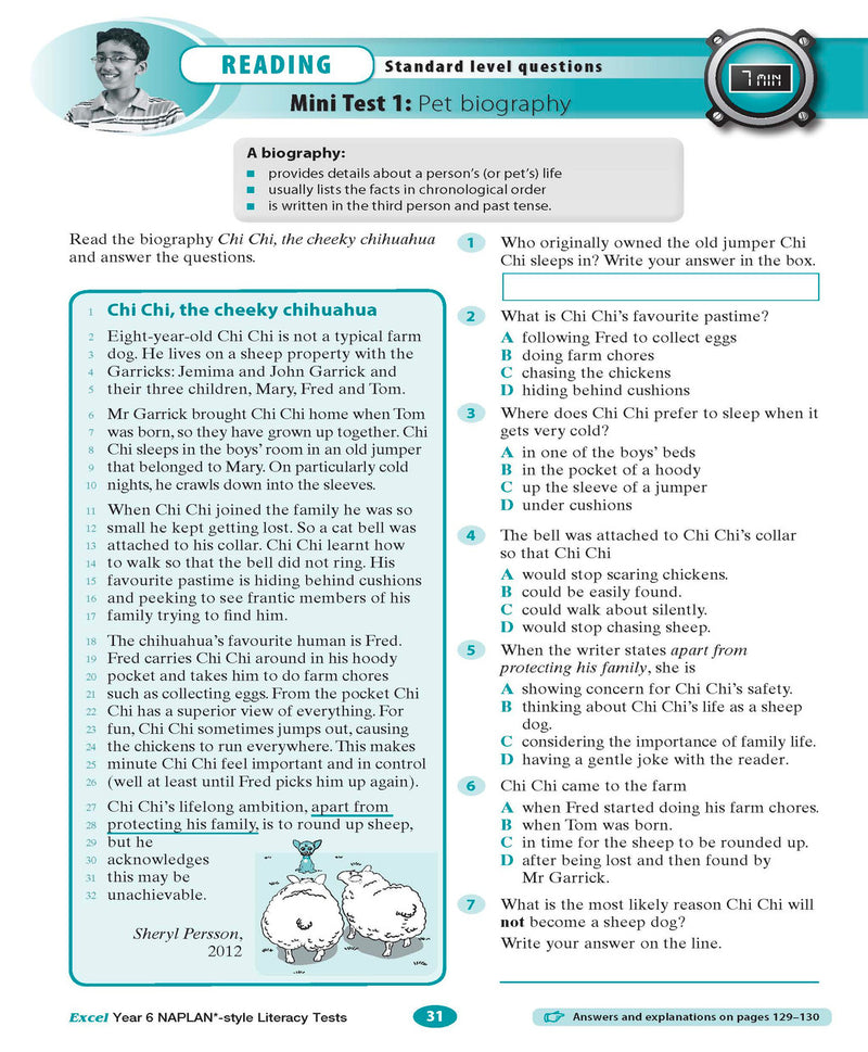 The sixth sample interior page from the Excel Year 6 NAPLAN-style Literacy Tests workbook as shown in the publisher gallery