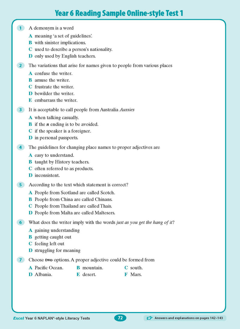 The eighth sample interior page from the Excel Year 6 NAPLAN-style Literacy Tests workbook as shown in the publisher gallery