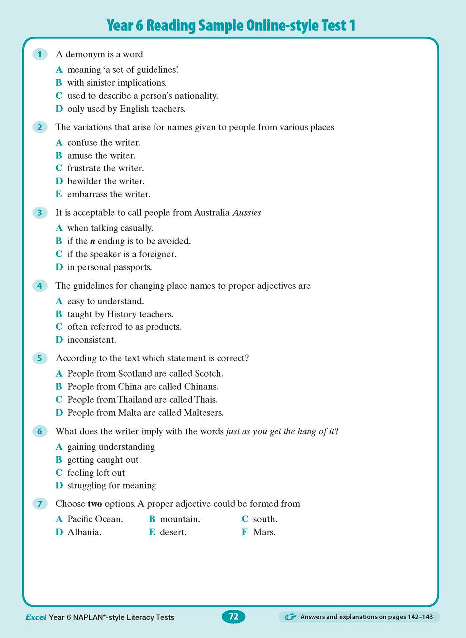The eighth sample interior page from the Excel Year 6 NAPLAN-style Literacy Tests workbook as shown in the publisher gallery