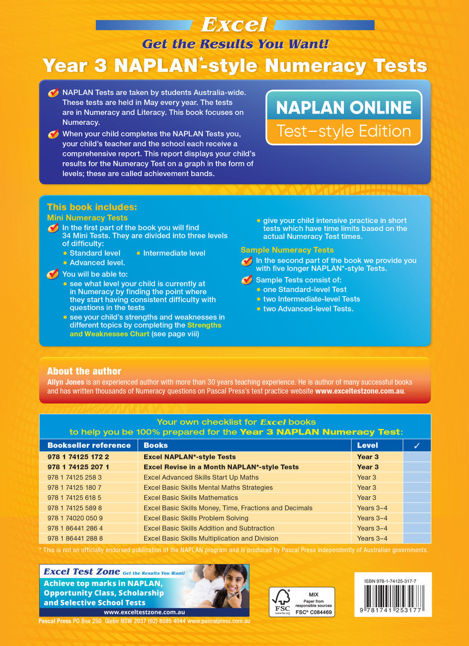 Back cover of the Excel Year 3 NAPLAN-style Numeracy Tests workbook as shown at the end of the publisher gallery