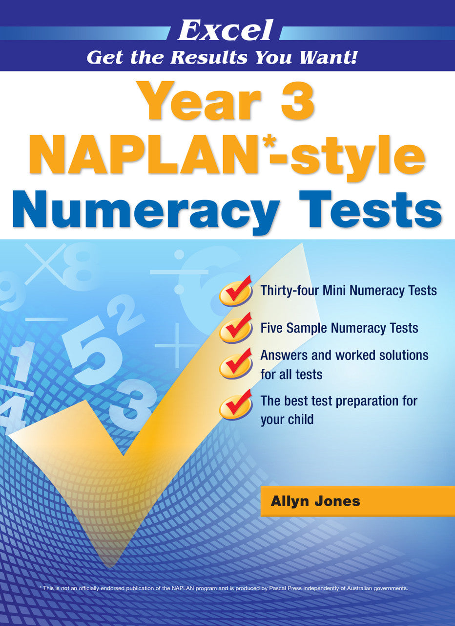 Front cover of the Excel Year 3 NAPLAN-style Numeracy Tests workbook from Pascal Press