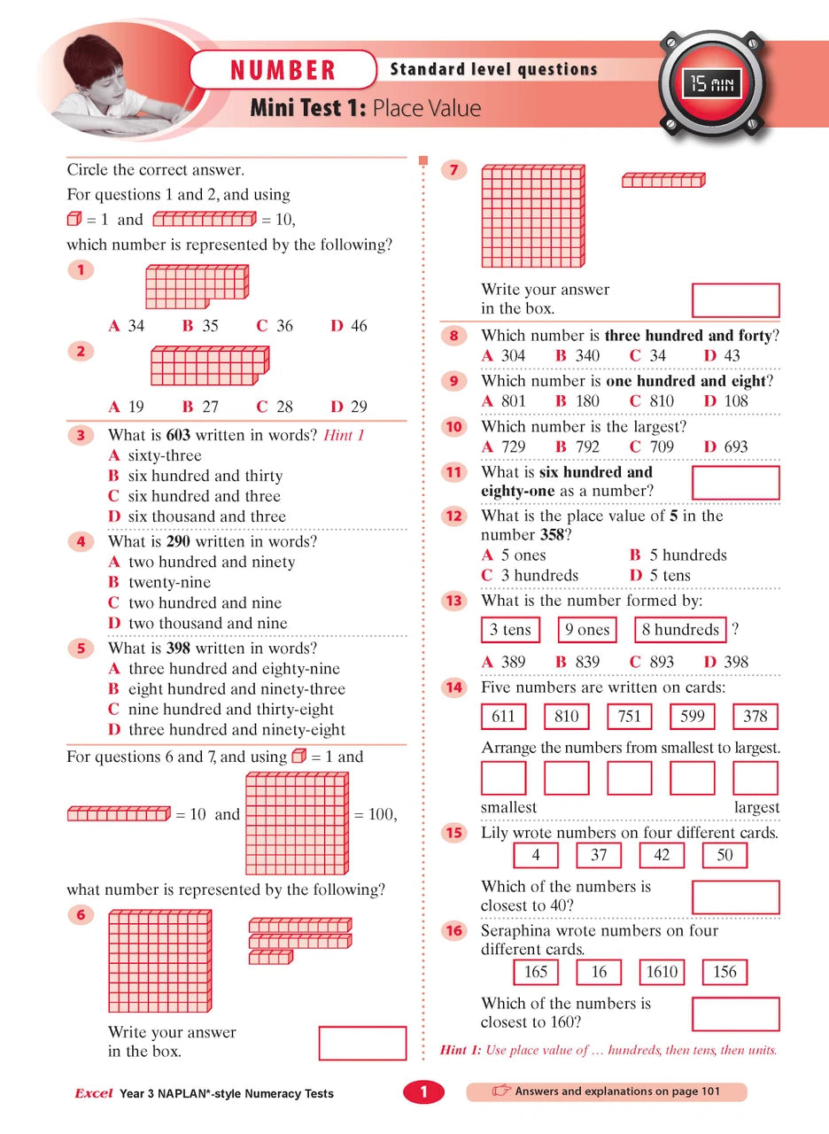 The fourth sample interior page from the Excel Year 3 NAPLAN-style Numeracy Tests workbook as shown in the publisher gallery