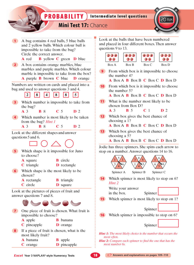 The sixth sample interior page from the Excel Year 3 NAPLAN-style Numeracy Tests workbook as shown in the publisher gallery