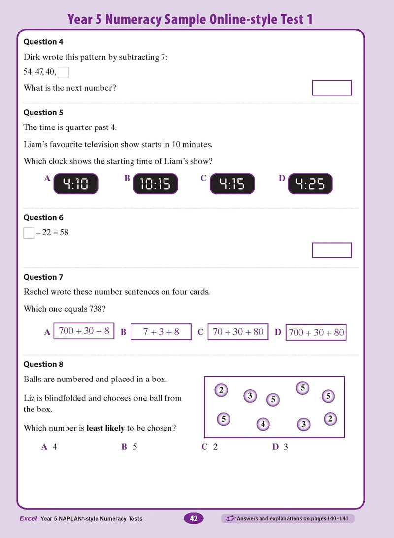 The eleventh sample interior page from the Excel Year 5 NAPLAN-style Numeracy Tests workbook as shown in the publisher gallery