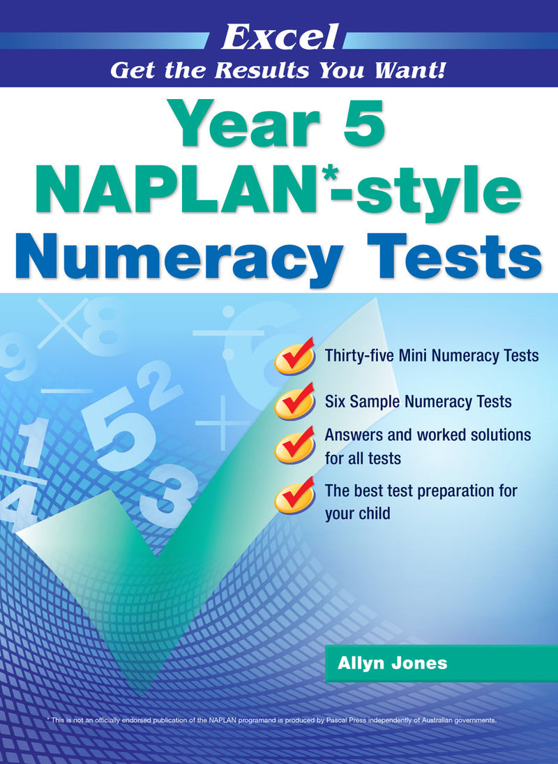 Front cover of the Excel Year 5 NAPLAN-style Numeracy Tests workbook from Pascal Press