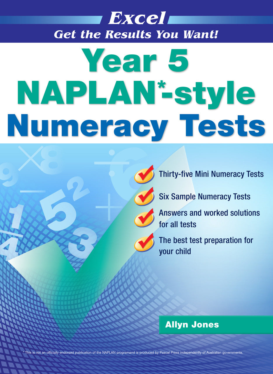 Front cover of the Excel Year 5 NAPLAN-style Numeracy Tests workbook from Pascal Press