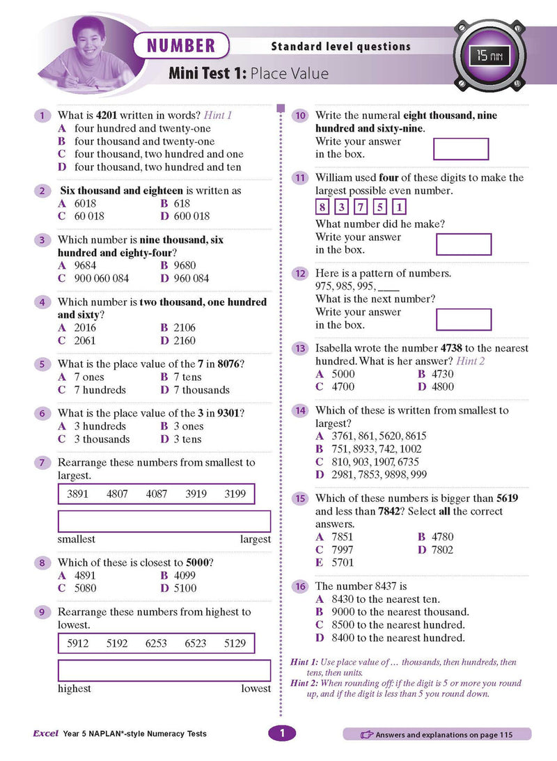 The fourth sample interior page from the Excel Year 5 NAPLAN-style Numeracy Tests workbook as shown in the publisher gallery