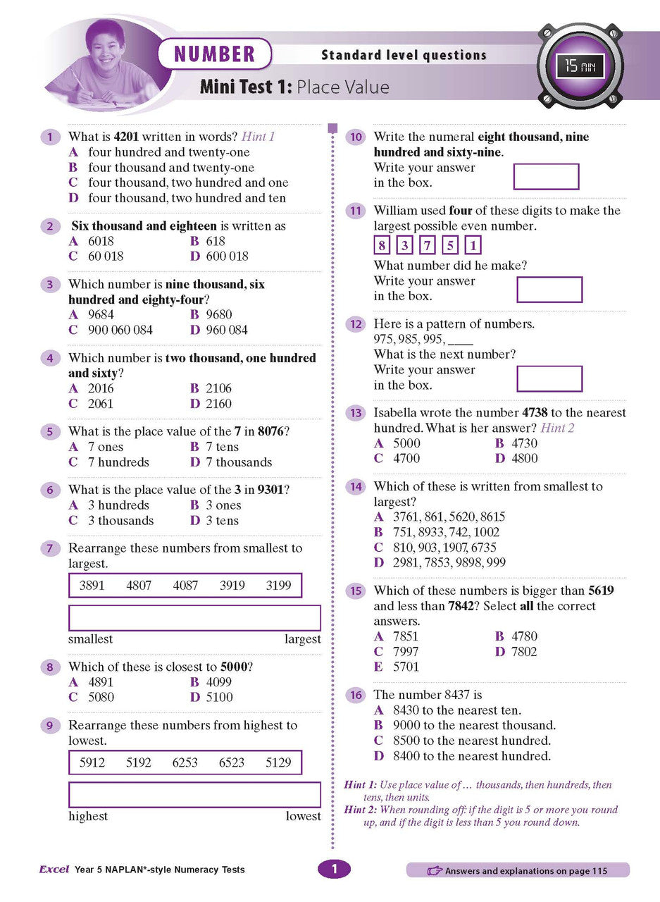 The fourth sample interior page from the Excel Year 5 NAPLAN-style Numeracy Tests workbook as shown in the publisher gallery