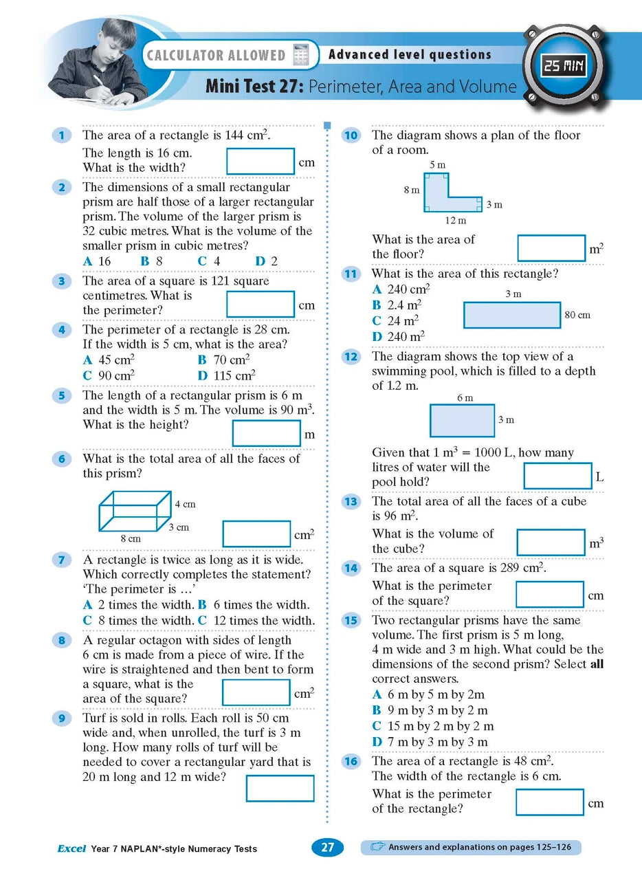 Sample interior page from the Excel NAPLAN-style Numeracy Tests Year 7 workbook, as shown in the Pascal Press product gallery