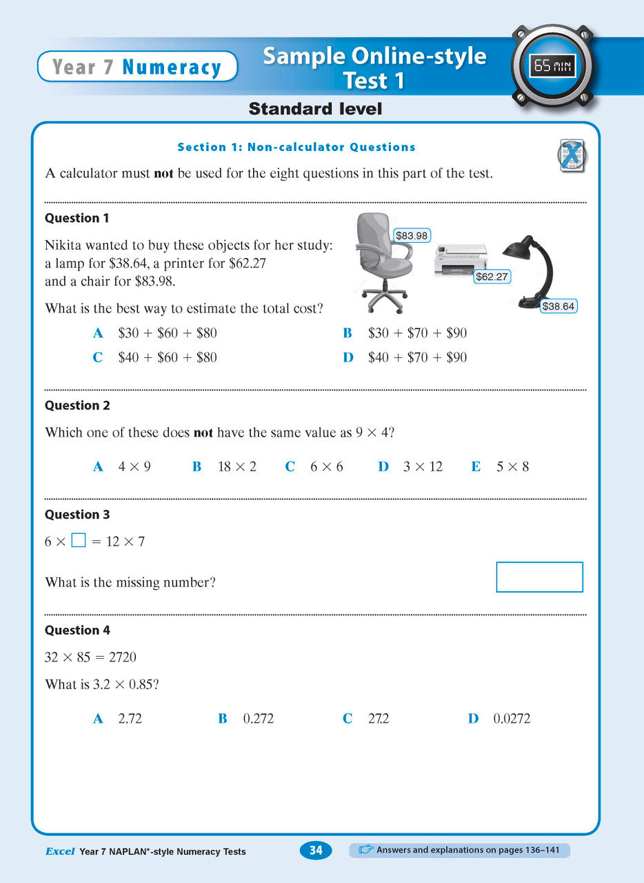 Sample interior page from the Excel NAPLAN-style Numeracy Tests Year 7 workbook, as shown in the Pascal Press product gallery