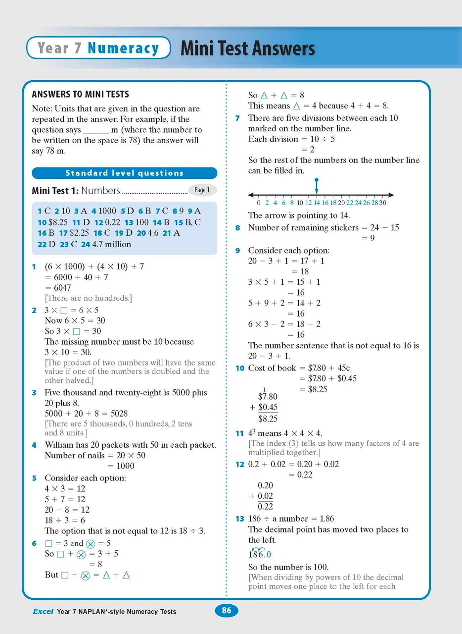 Sample interior page from the Excel NAPLAN-style Numeracy Tests Year 7 workbook, as shown in the Pascal Press product gallery