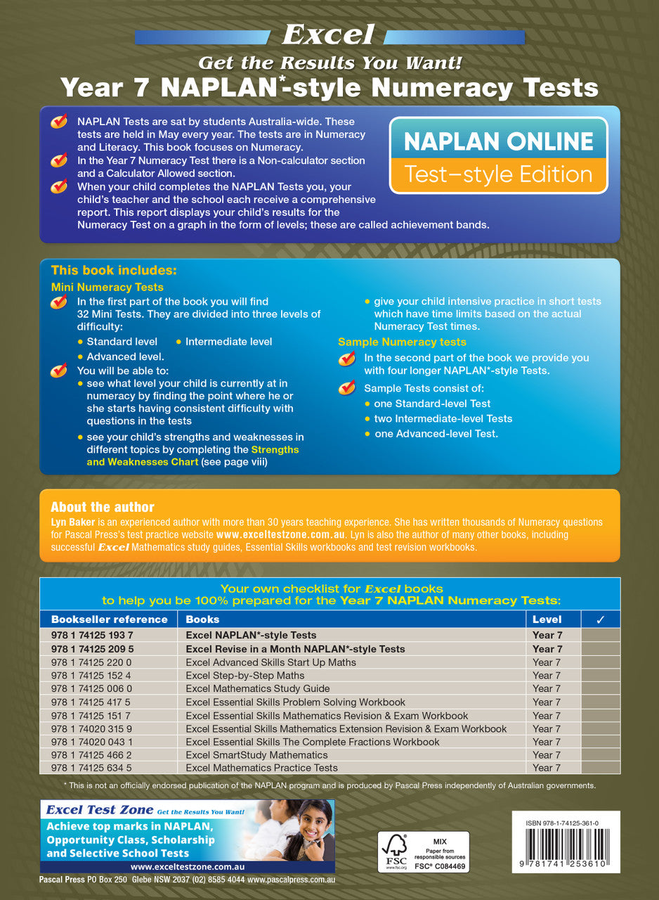 Back cover of the Excel NAPLAN-style Numeracy Tests Year 7 workbook as shown in the Pascal Press product gallery