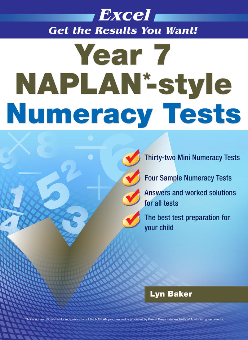 Front cover of the Excel NAPLAN-style Numeracy Tests Year 7 workbook from Pascal Press, shown as the main product image