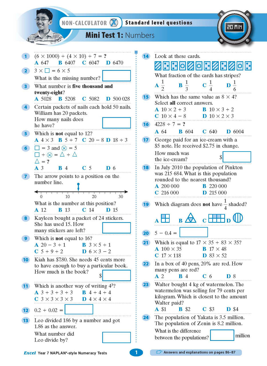 Sample interior page from the Excel NAPLAN-style Numeracy Tests Year 7 workbook, as shown in the Pascal Press product gallery