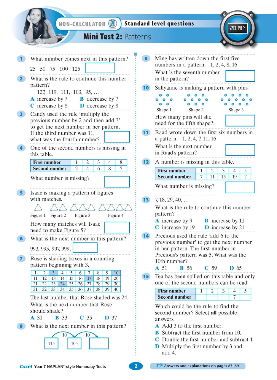 Sample interior page from the Excel NAPLAN-style Numeracy Tests Year 7 workbook, as shown in the Pascal Press product gallery