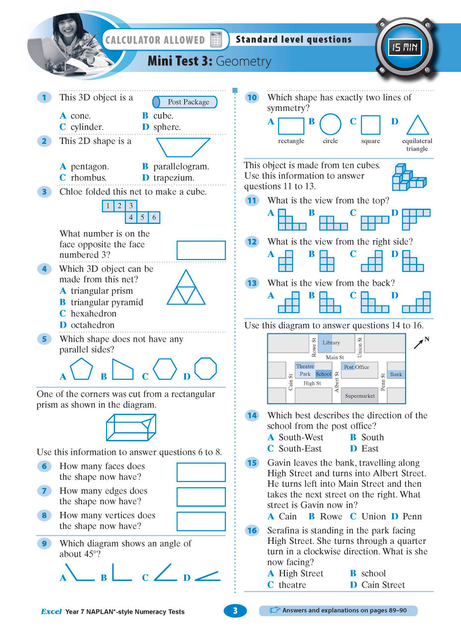 Sample interior page from the Excel NAPLAN-style Numeracy Tests Year 7 workbook, as shown in the Pascal Press product gallery