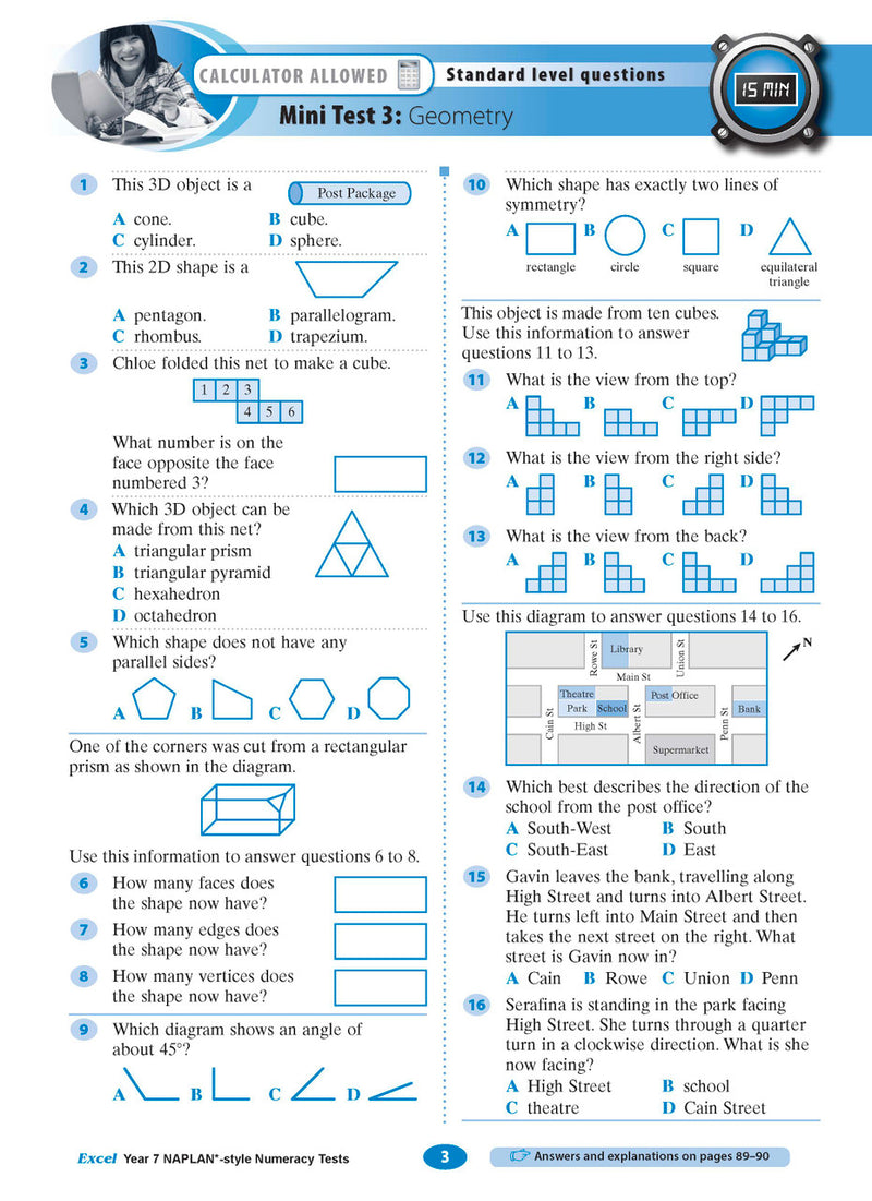 Sample interior page from the Excel NAPLAN-style Numeracy Tests Year 7 workbook, as shown in the Pascal Press product gallery