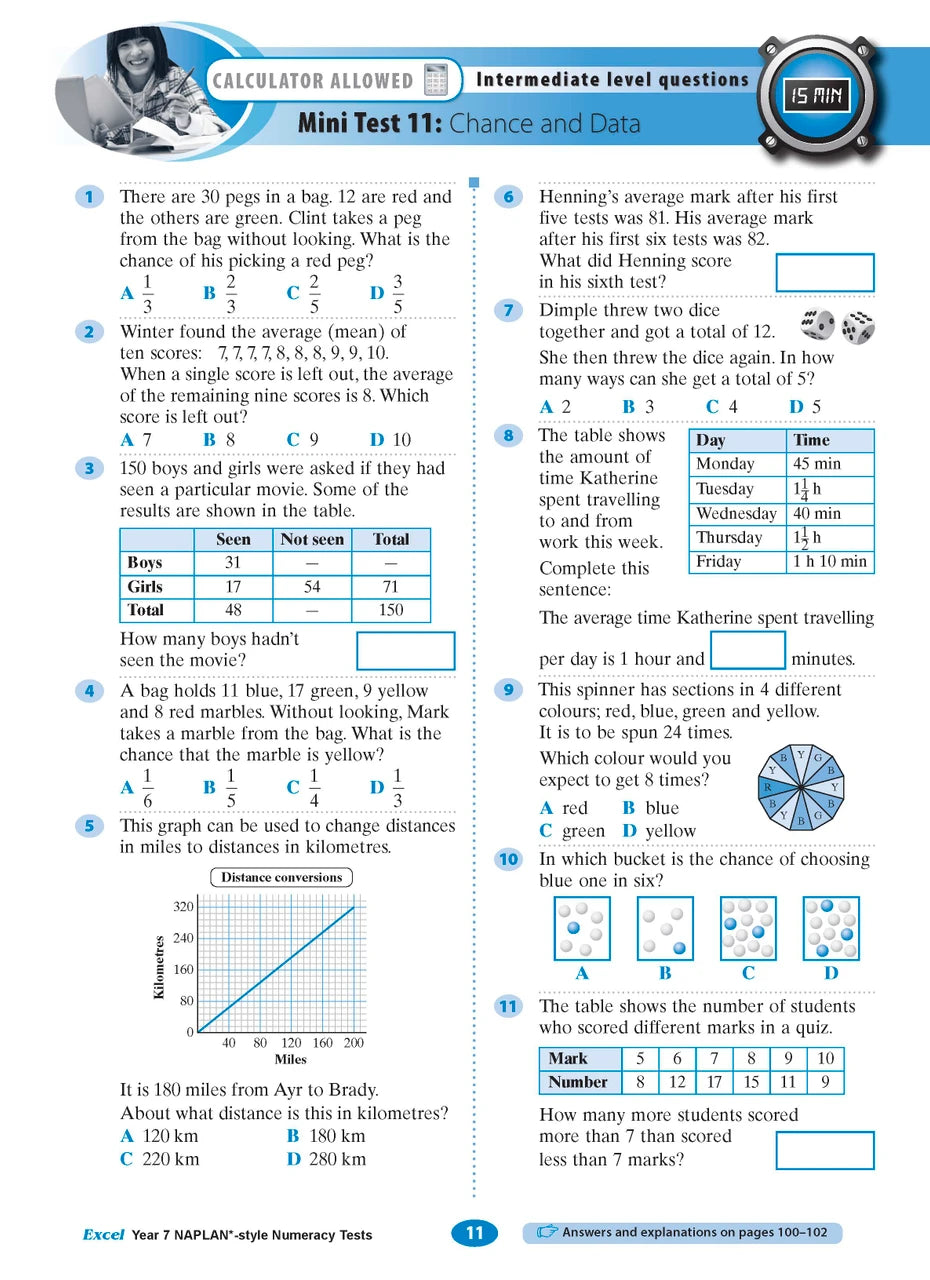 Sample interior page from the Excel NAPLAN-style Numeracy Tests Year 7 workbook, as shown in the Pascal Press product gallery