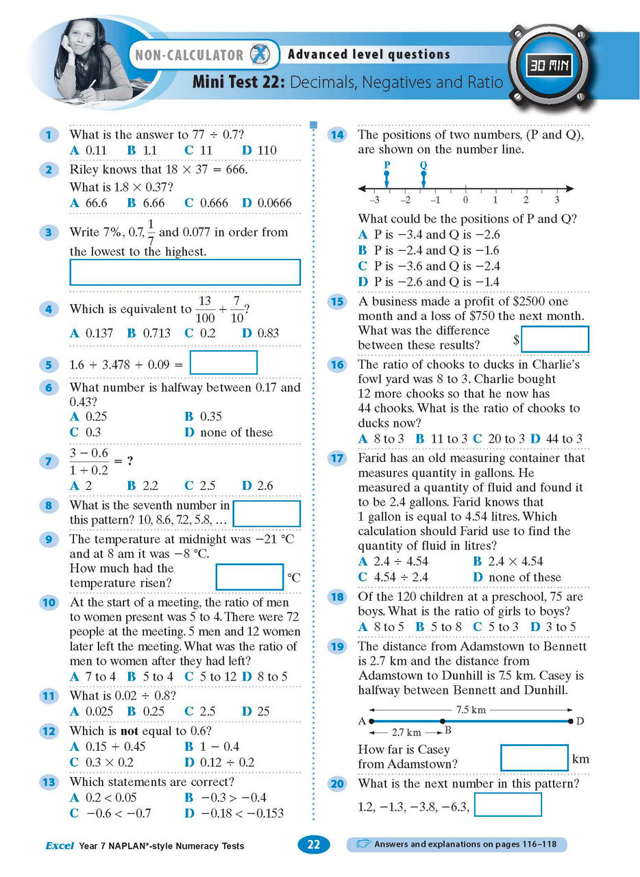 Sample interior page from the Excel NAPLAN-style Numeracy Tests Year 7 workbook, as shown in the Pascal Press product gallery