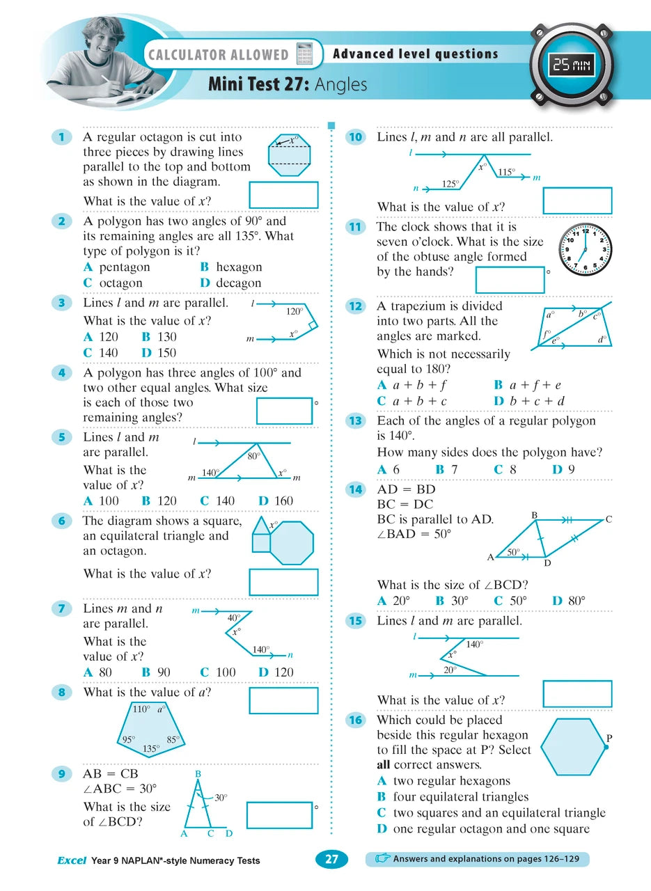 Sample interior page from the Excel NAPLAN-style Numeracy Tests Year 9 workbook, as shown in the Pascal Press product gallery