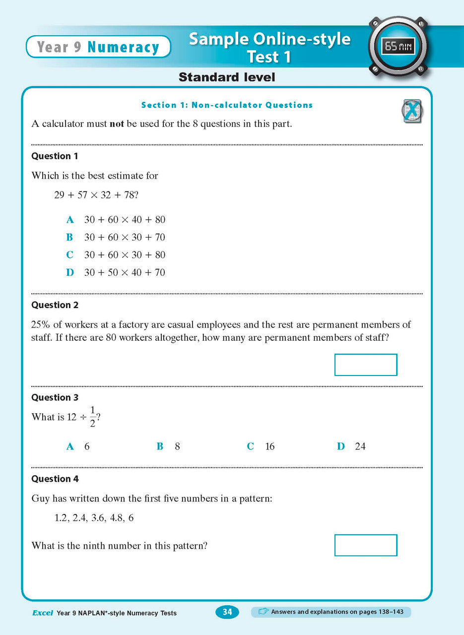 Sample interior page from the Excel NAPLAN-style Numeracy Tests Year 9 workbook, as shown in the Pascal Press product gallery
