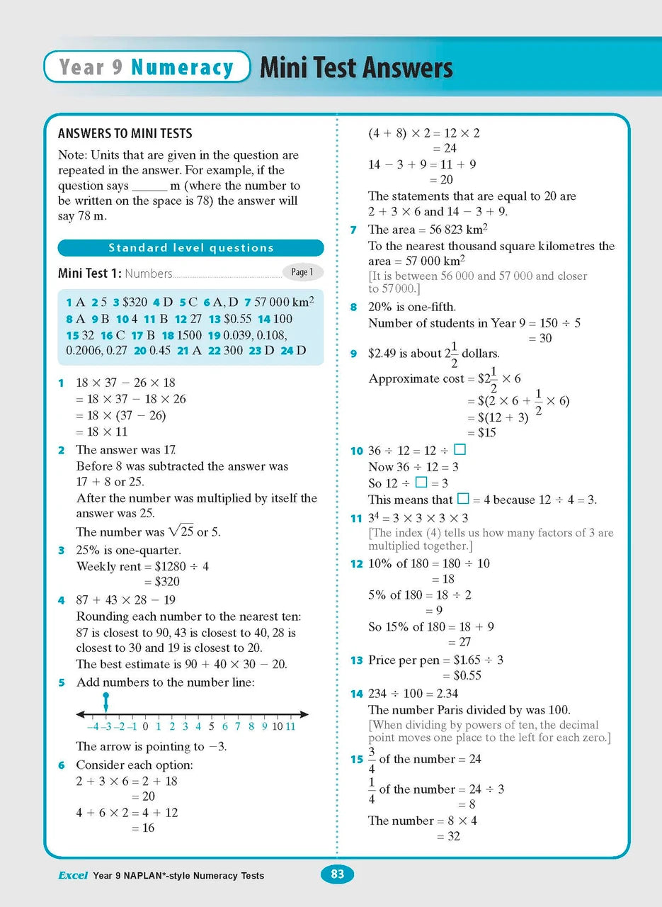 Sample interior page from the Excel NAPLAN-style Numeracy Tests Year 9 workbook, as shown in the Pascal Press product gallery