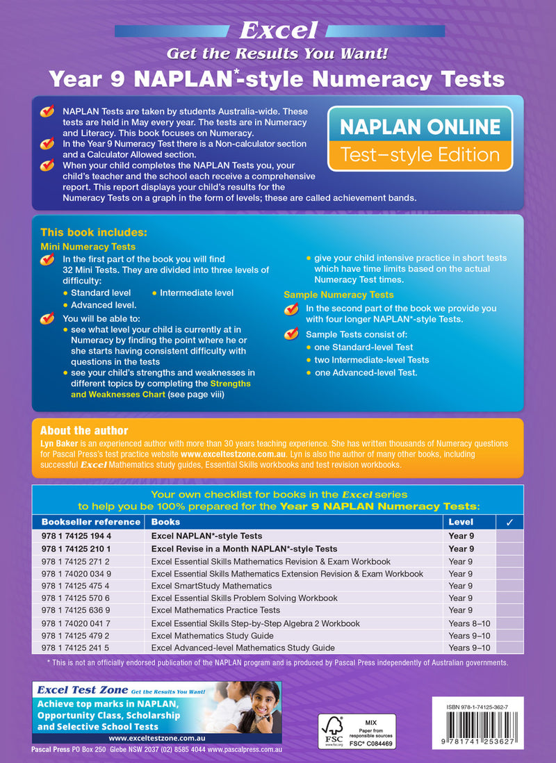 Back cover of the Excel NAPLAN-style Numeracy Tests Year 9 workbook as shown in the Pascal Press product gallery