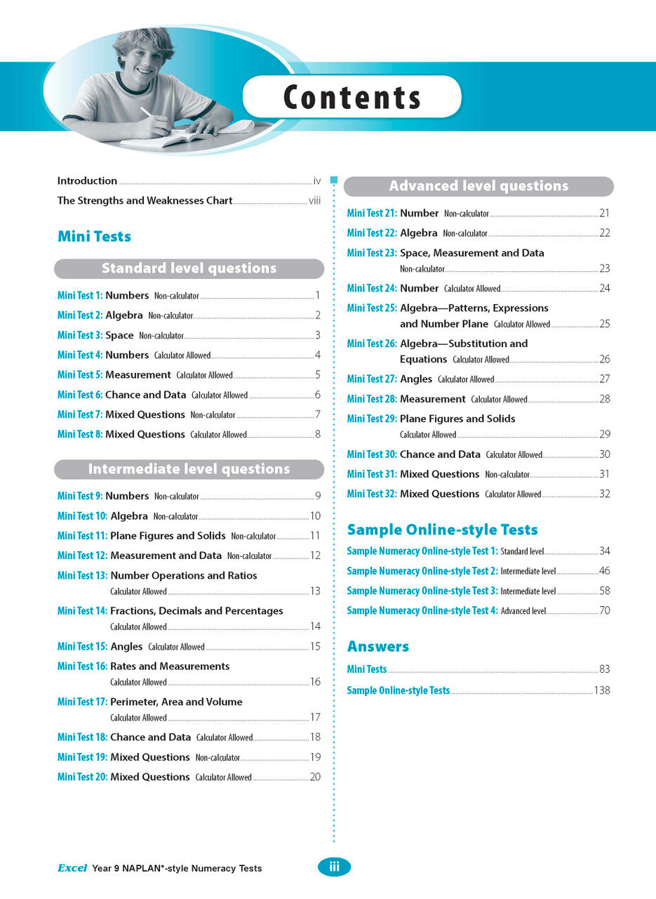 Sample interior page from the Excel NAPLAN-style Numeracy Tests Year 9 workbook, as shown in the Pascal Press product gallery