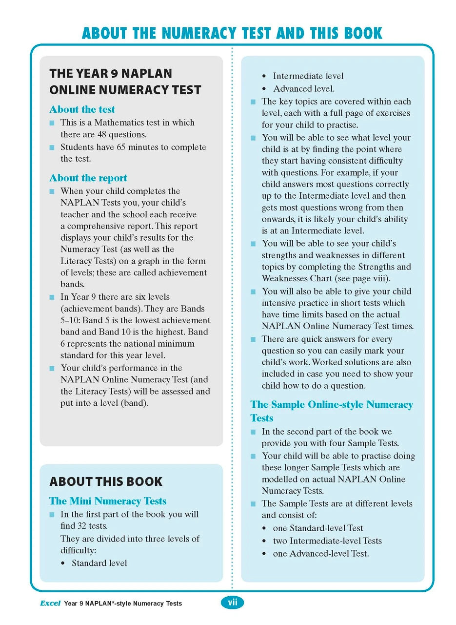 Sample interior page from the Excel NAPLAN-style Numeracy Tests Year 9 workbook, as shown in the Pascal Press product gallery
