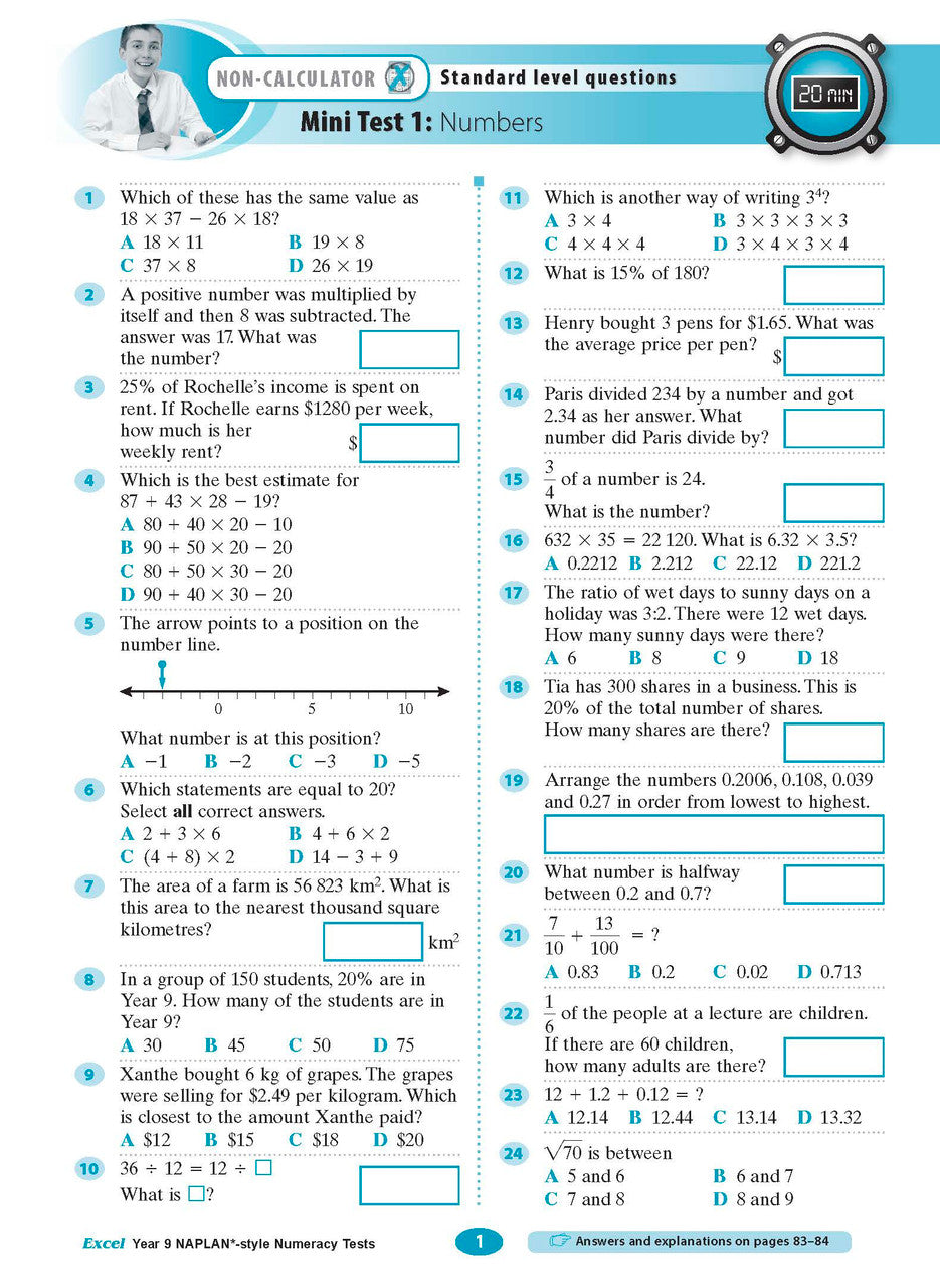 Sample interior page from the Excel NAPLAN-style Numeracy Tests Year 9 workbook, as shown in the Pascal Press product gallery
