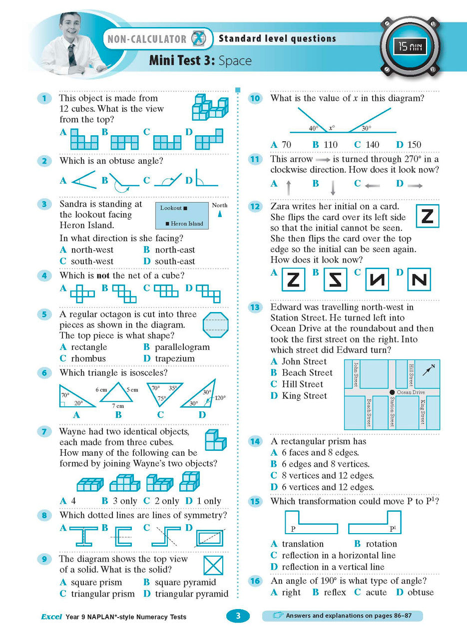 Sample interior page from the Excel NAPLAN-style Numeracy Tests Year 9 workbook, as shown in the Pascal Press product gallery