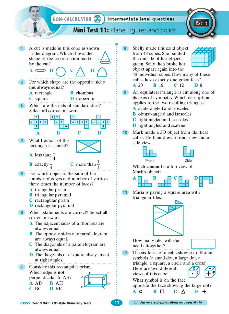 Sample interior page from the Excel NAPLAN-style Numeracy Tests Year 9 workbook, as shown in the Pascal Press product gallery