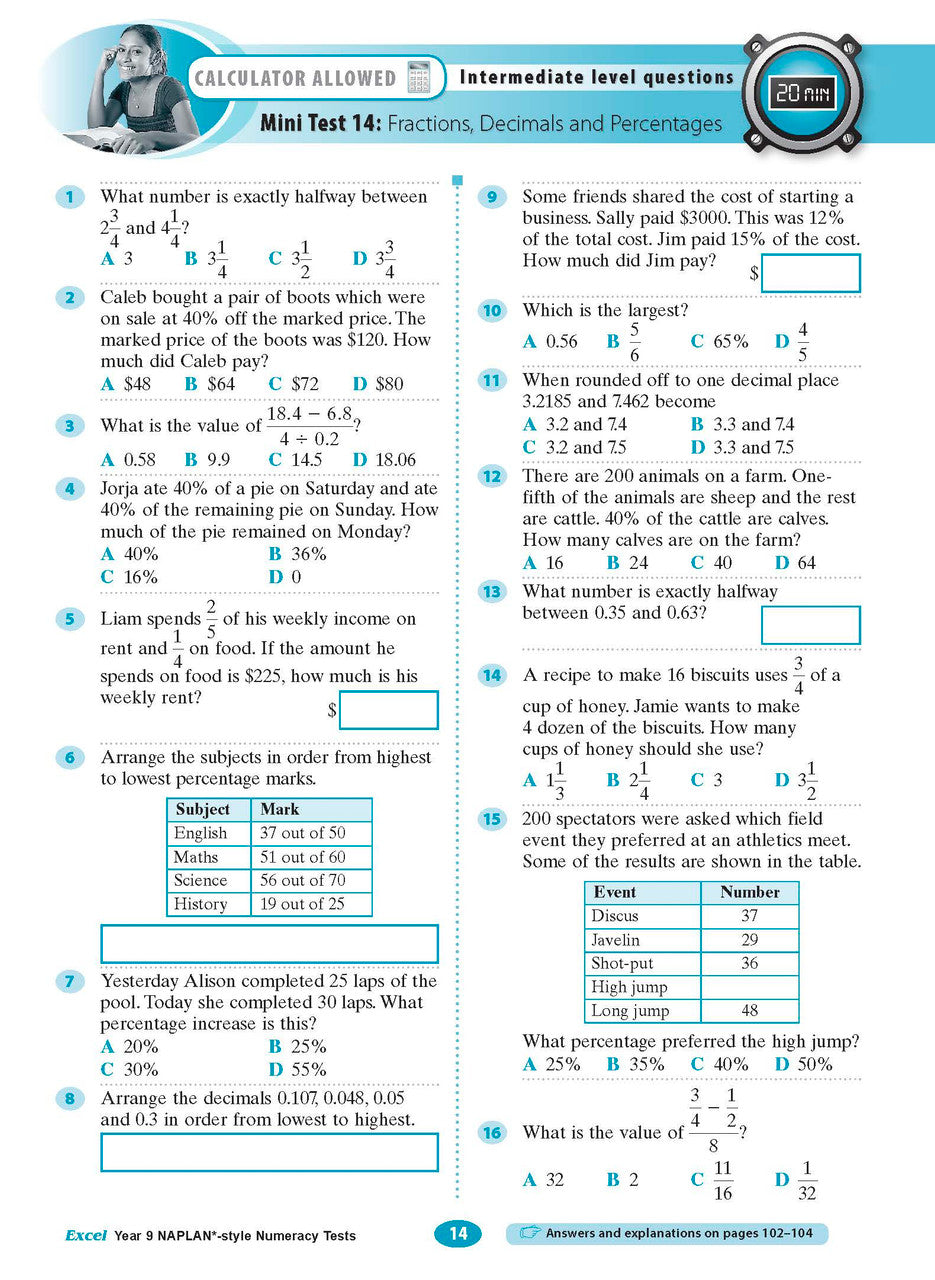 Sample interior page from the Excel NAPLAN-style Numeracy Tests Year 9 workbook, as shown in the Pascal Press product gallery