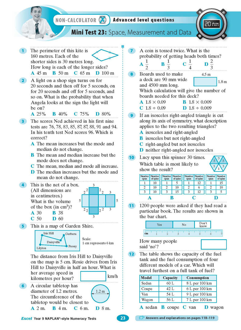 Sample interior page from the Excel NAPLAN-style Numeracy Tests Year 9 workbook, as shown in the Pascal Press product gallery