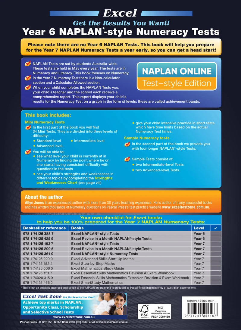 Back cover of the Excel Year 6 NAPLAN-style Numeracy Tests workbook as shown at the end of the publisher gallery