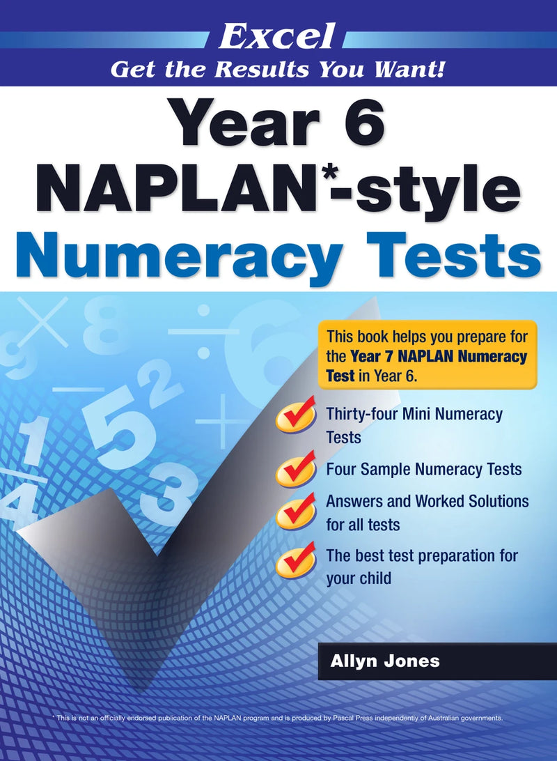 Front cover of the Excel Year 6 NAPLAN-style Numeracy Tests workbook from Pascal Press
