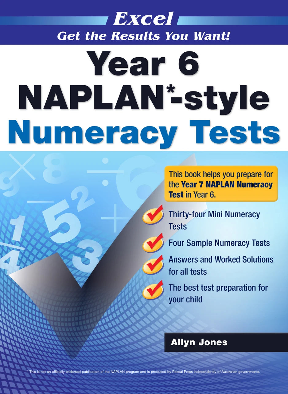 Front cover of the Excel Year 6 NAPLAN-style Numeracy Tests workbook from Pascal Press